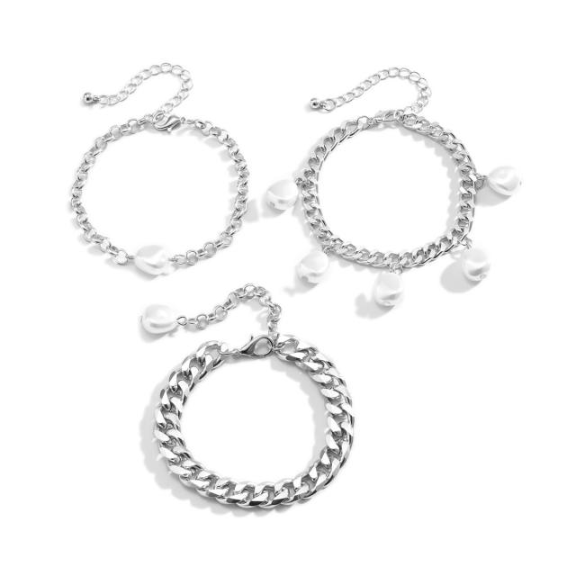 Baroque pearl charm chain bracelet 3 pcs set