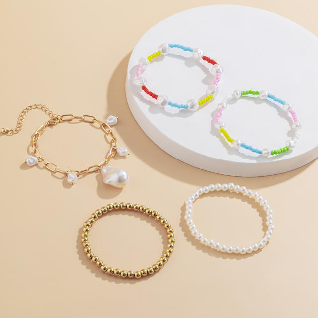 Baroque pearl charm seed bead bracelet 5 pcs set