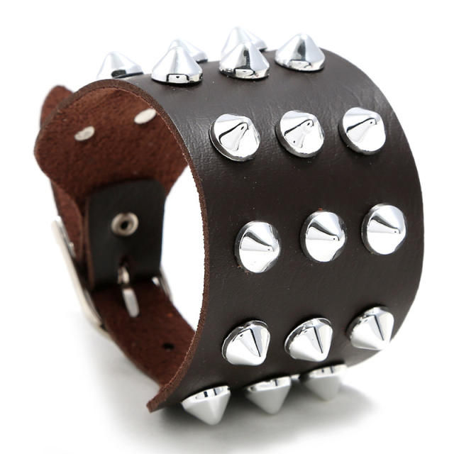Three-row Rivet belt buckle leather cuff bracelet