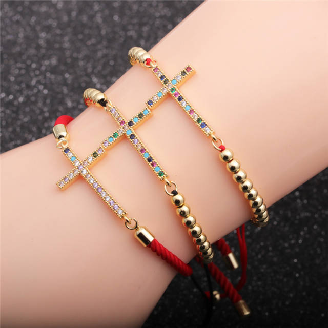 Cross with cubic zirconia gold bead bracelet