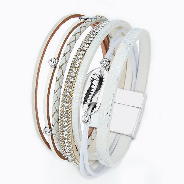 Women's multilayers shell leather wrap bracelet