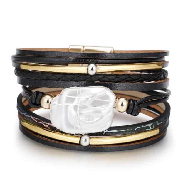 Women's multilayers baroque pearl leather wrap bracelet