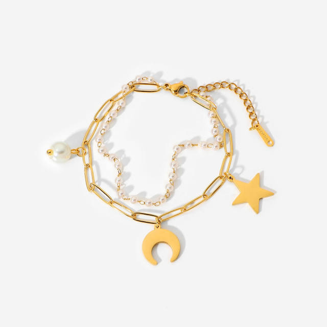 Fashion stainless steel moon and star pendant Pearl Chain double layer bracelet