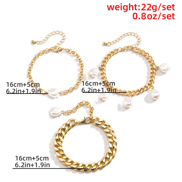 Baroque pearl charm chain bracelet 3 pcs set
