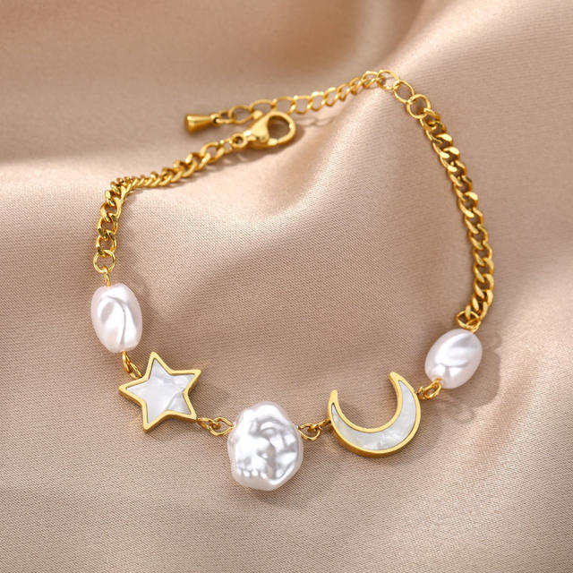 Stainless steel moon star pearl bracelet