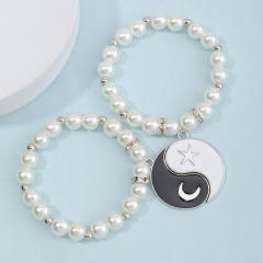 Taiji charm pearl bracelet 2 pcs set