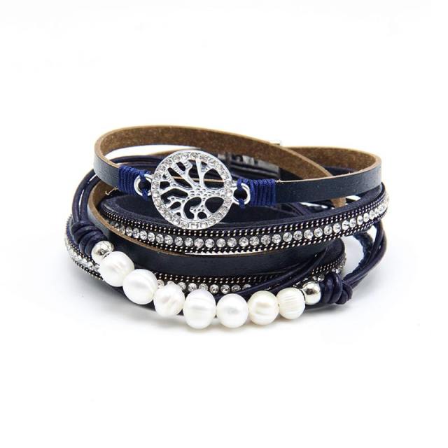 Women's multilayers tree of life pearl braided leather wrap bracelet