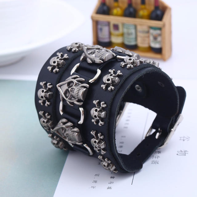 Skull wide leather belt buckle cuff bracelet