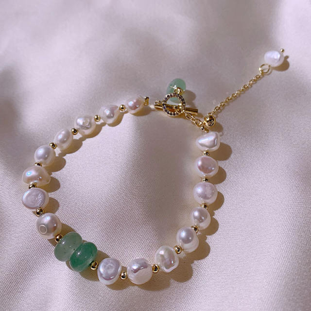Natural pearl jade charm toggle bracelet