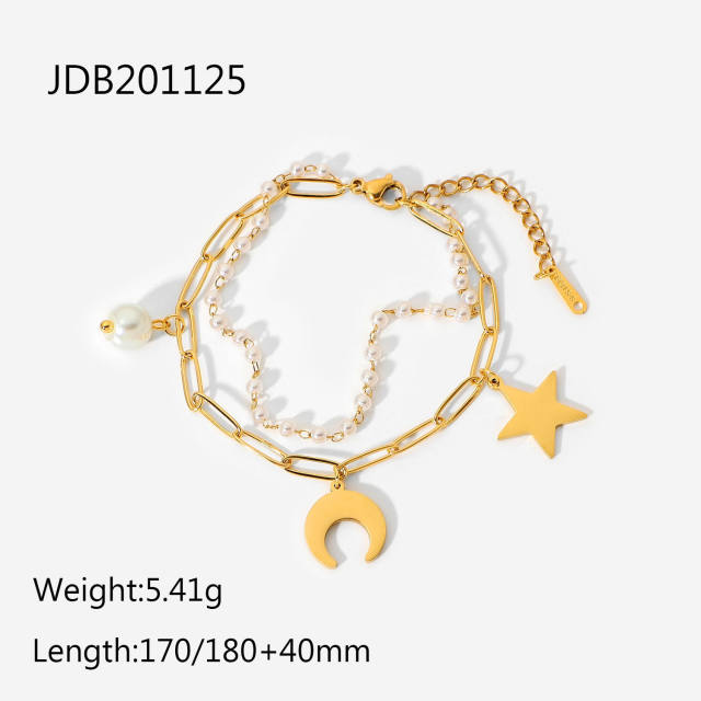 Fashion stainless steel moon and star pendant Pearl Chain double layer bracelet