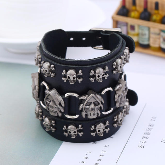 Skull wide leather belt buckle cuff bracelet