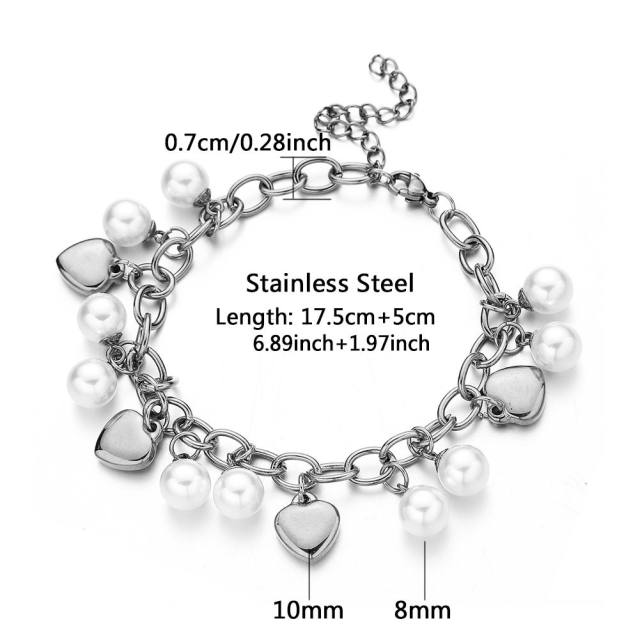 Pearl heart charm stainless steel bracelet