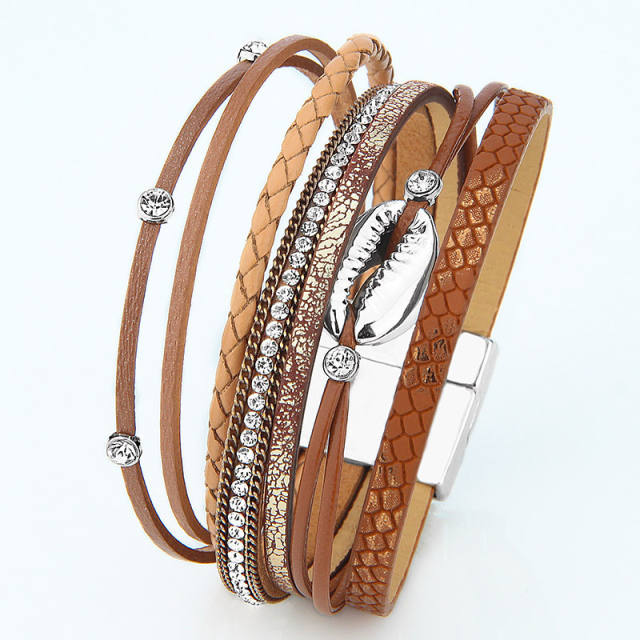 Women's multilayers shell leather wrap bracelet