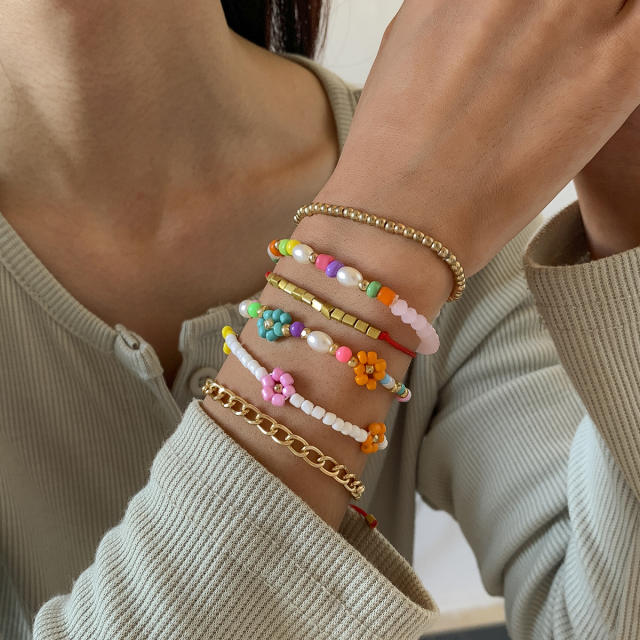 Seed bead gold bead pearl bracelet 6 pcs set