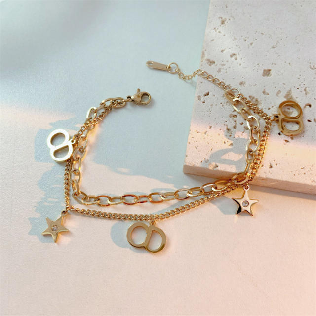 Korean style CD letter star pendant double titanium steel bracelet