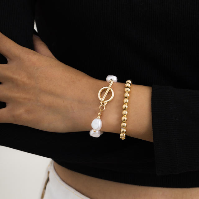 Gold bead pearl toggle bracelet 2 pcs set