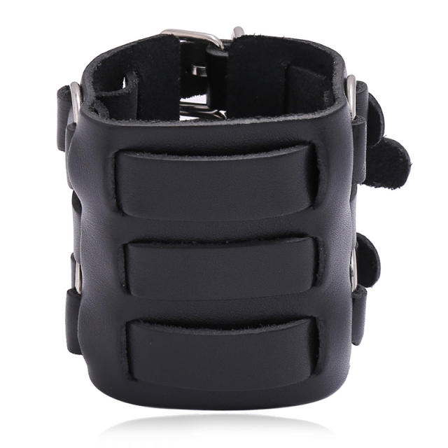 Three rows belt buckle leather cuff bracelet