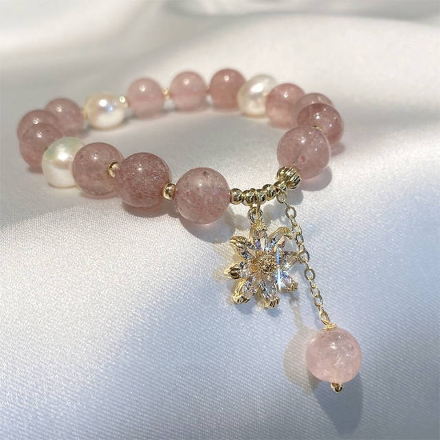 Snowflake charm strawberry rose quartz natural pearl bracelet