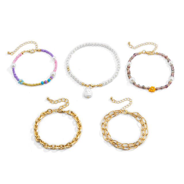 Baroque pearl gold bead seed bead bracelet 5 pcs set