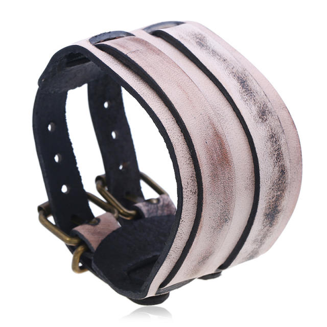 Double rows belt buckle leather cuff bracelet