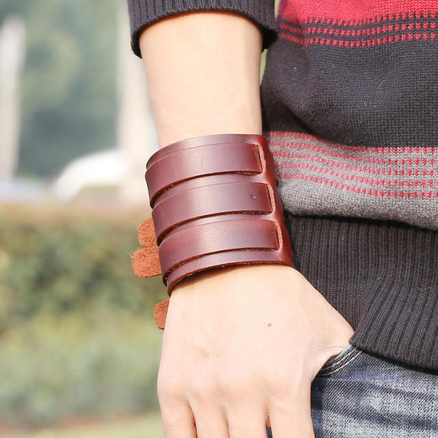 Wide leather belt buckle cuff bracelet