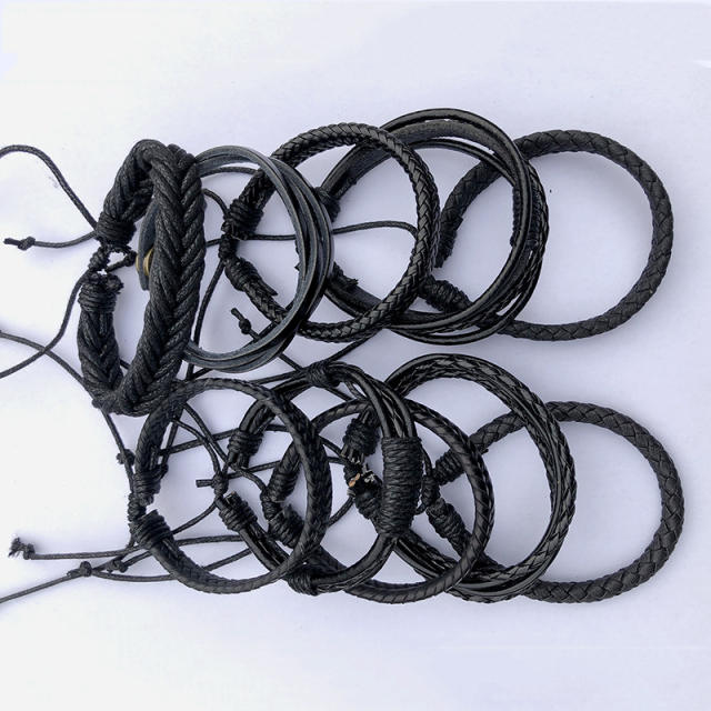 Simile black hand weaving leather wrap bracelets 10pcs set