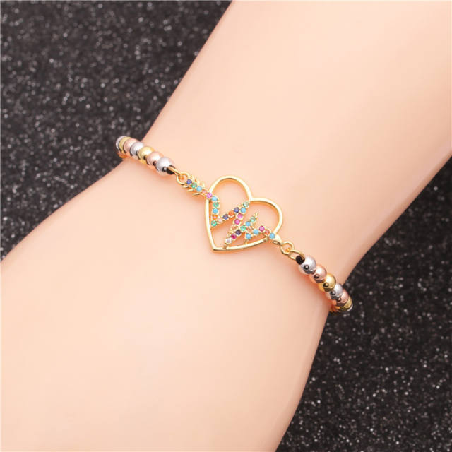 Cubic zirconia LOVE heart gold bead bracelet