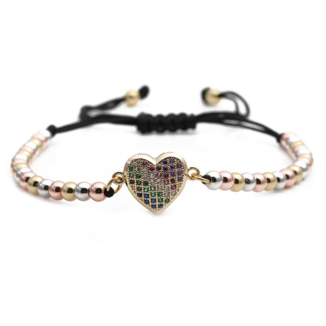 Heart with cubic zirconia gold bead bracelet