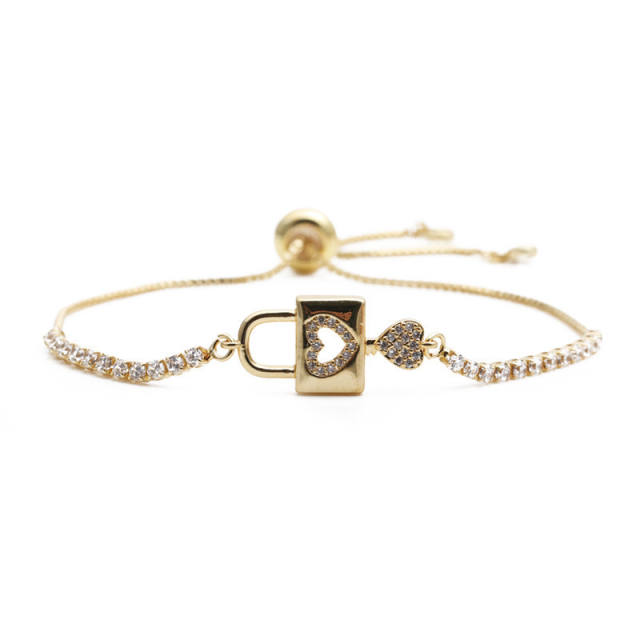 Heart-shape lock key cubic zirconia gold tennis bracelet