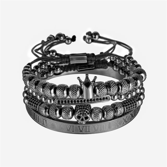 Skull crown beaded bracelet for man 4pcs set
