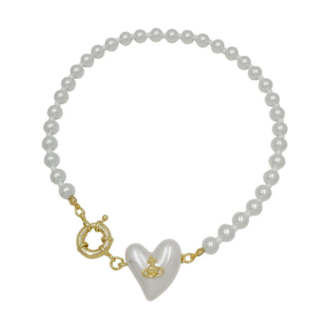 Heart charm pearl necklace and bracelet set