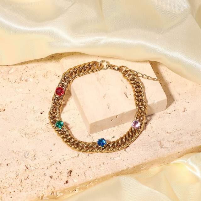 Fashion inlaid color zircon stainless steel chain bracelet