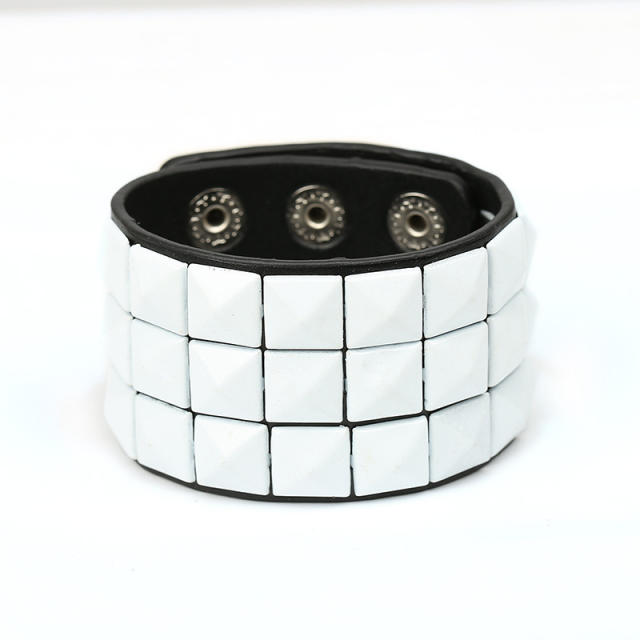Three rows square nail leather cuff bracelet