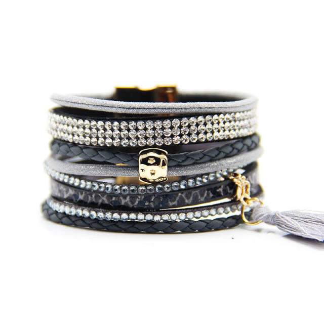 Women's multilayers tassel leather cuff bracelet