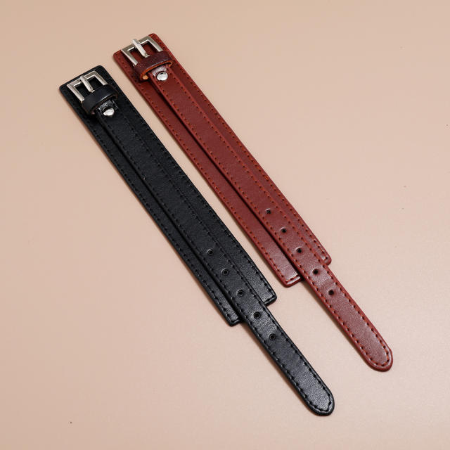 Double layers belt buckle leather cuff bracelet