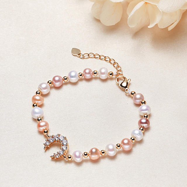 Crescent moon charm freshwater pearl bracelet