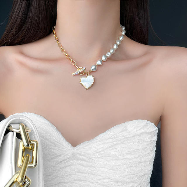 Heart charm faux pearl toggle bracelet