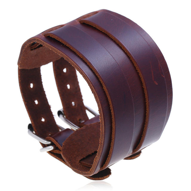 Double rows belt buckle leather cuff bracelet