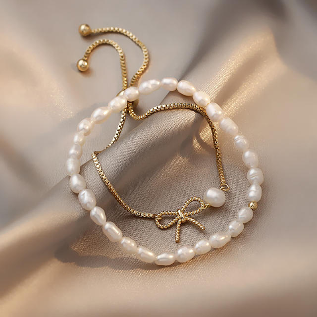 Bow chain and natural pearl bracelet 2 pcs set