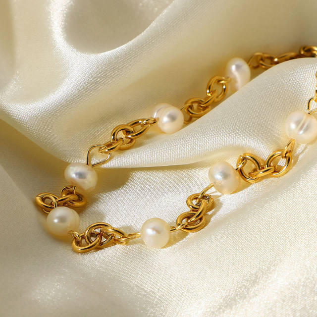 Fashion stainless steel 6 natural freshwater pearl chain bracelet