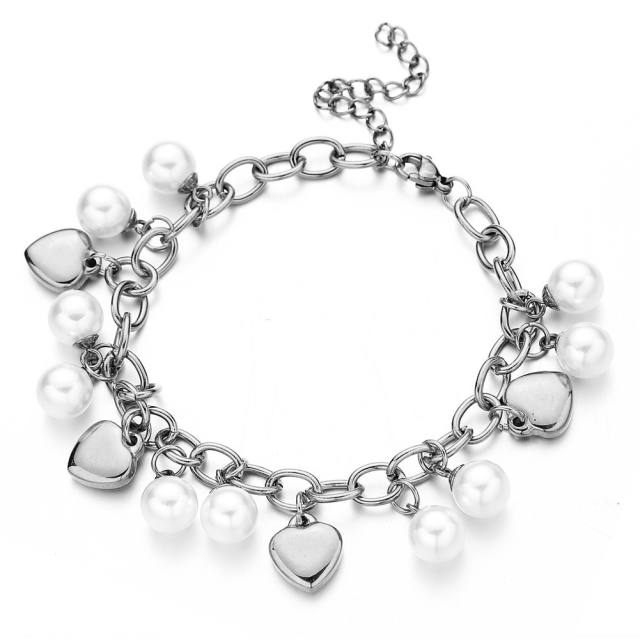 Pearl heart charm stainless steel bracelet