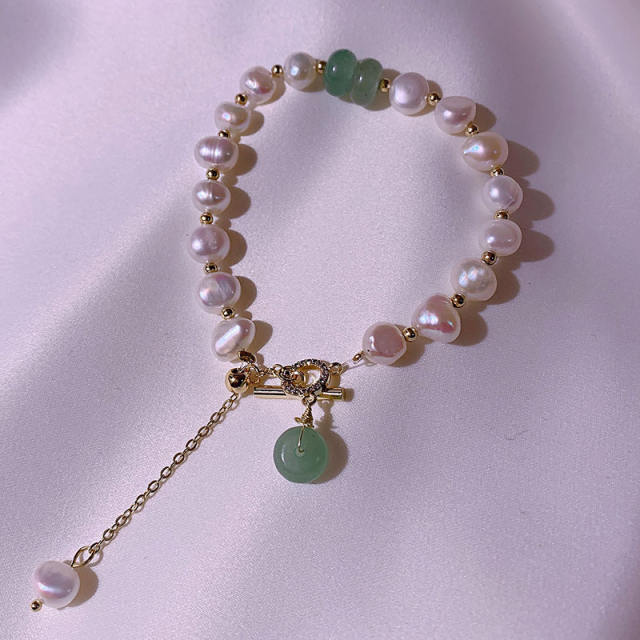 Natural pearl jade charm toggle bracelet