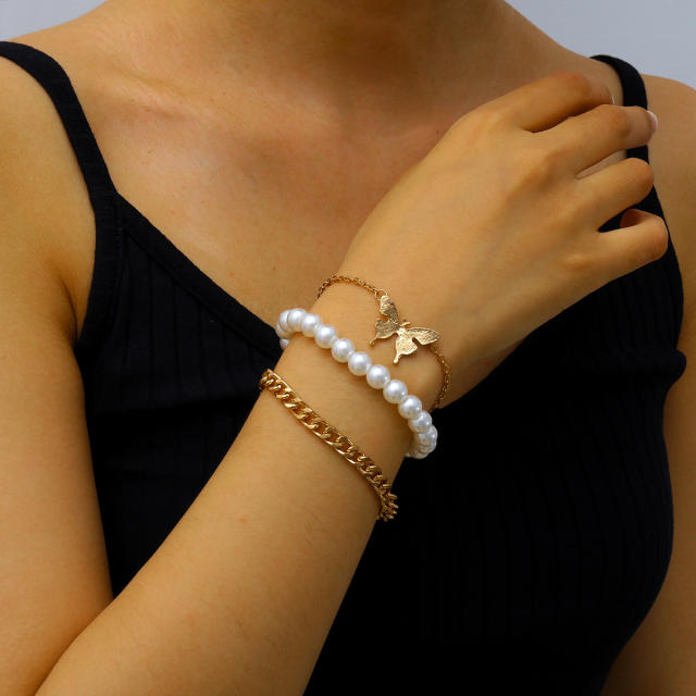 Butterfly charm pearl chain bracelet 3 pcs set