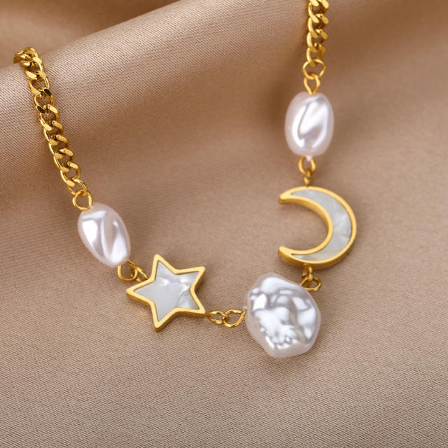 Stainless steel moon star pearl bracelet