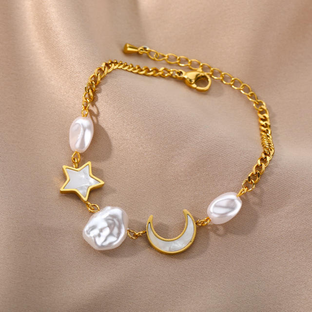 Stainless steel moon star pearl bracelet