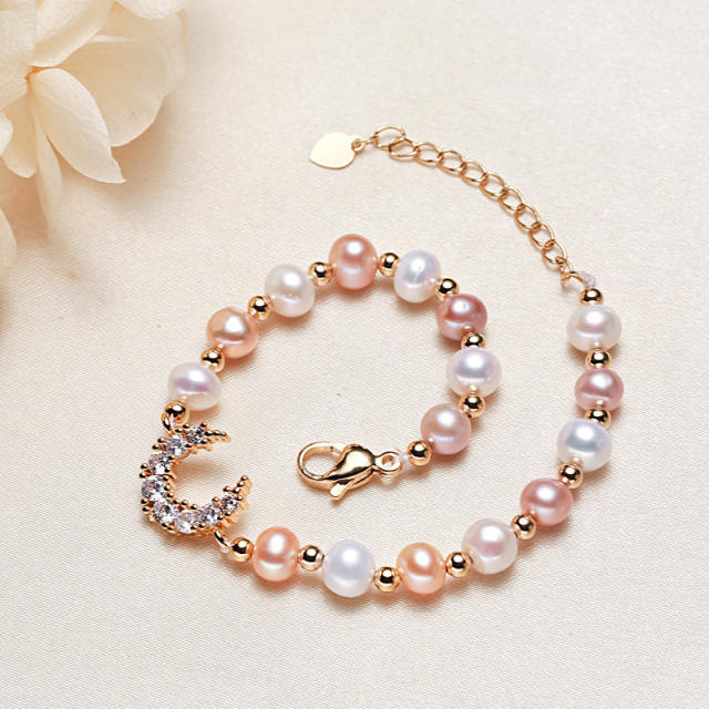 Crescent moon charm freshwater pearl bracelet