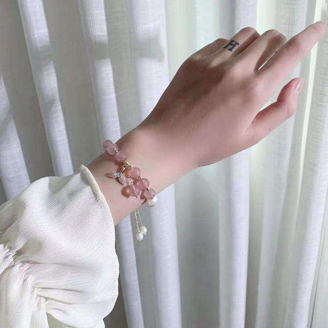 Whale tail strawberry rose quartz natural pearl bracelet