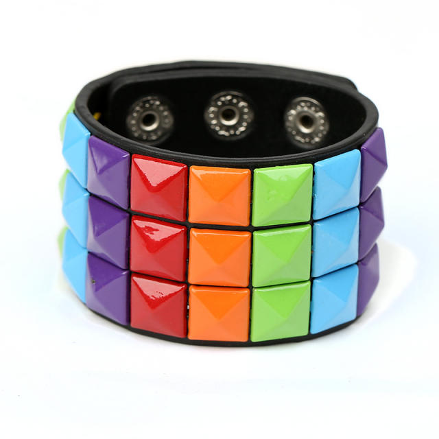 Three rows square nail leather cuff bracelet