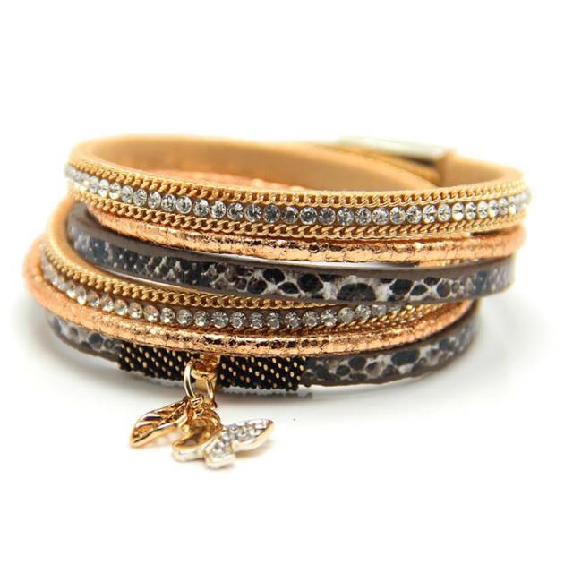 Women's multilayers butterfly charm leather wrap bracelet