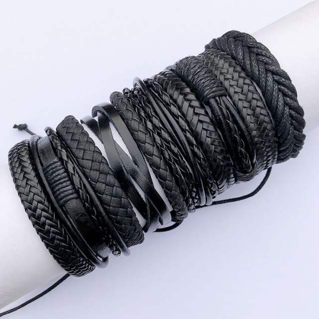 Simile black hand weaving leather wrap bracelets 10pcs set